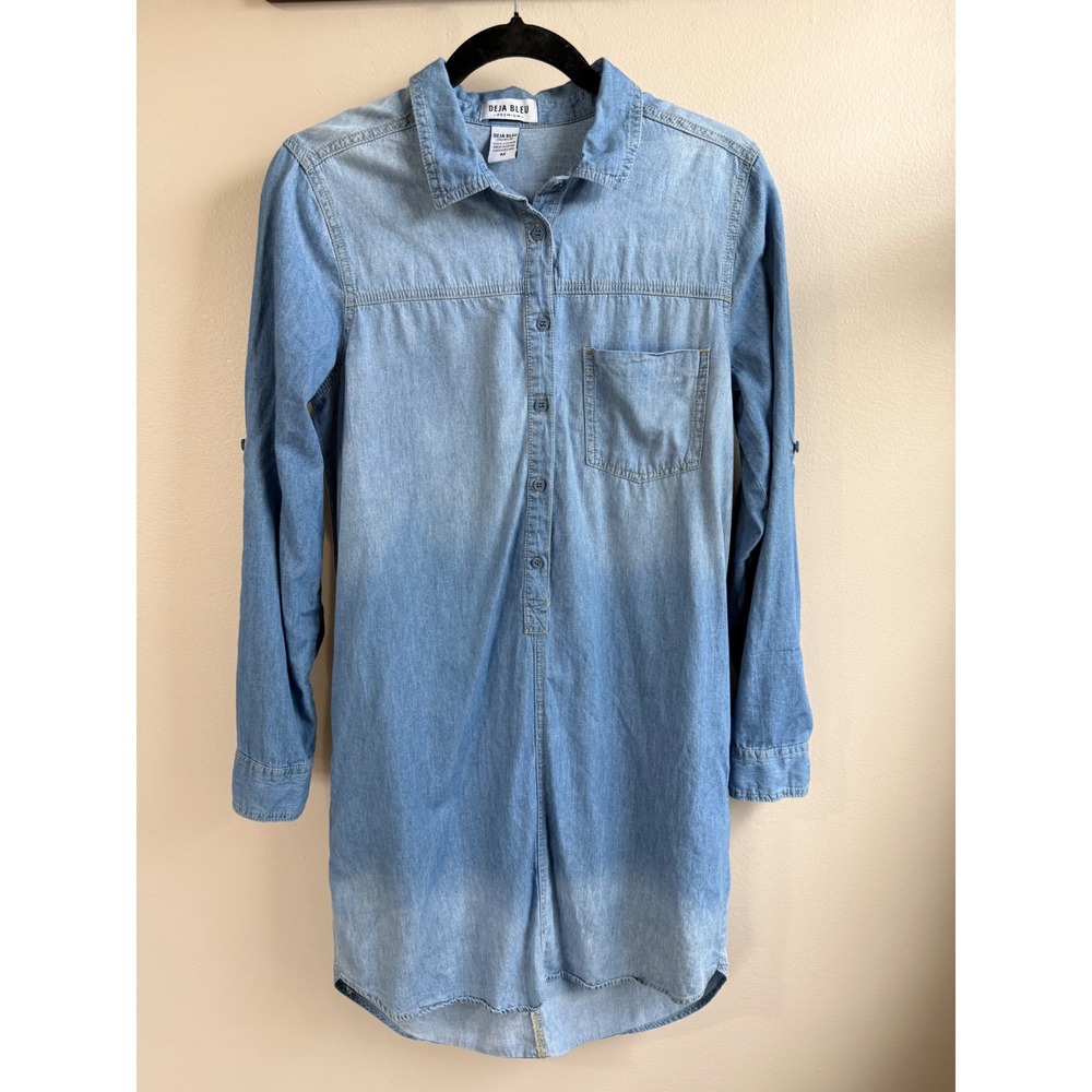 Deja Bleu Premium Denim Shirt Dress Light Wash Chambray Roll Tab Sleeve Medium